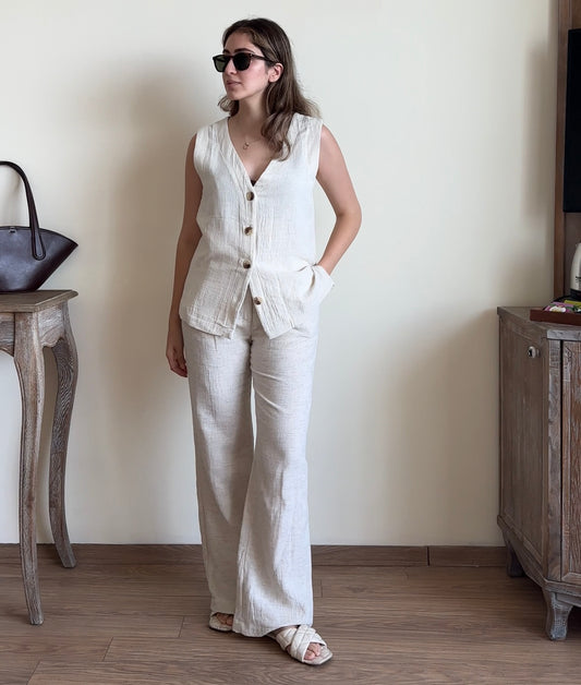 Loure Yelekli Takım- Keten Pamuk Karışımlı