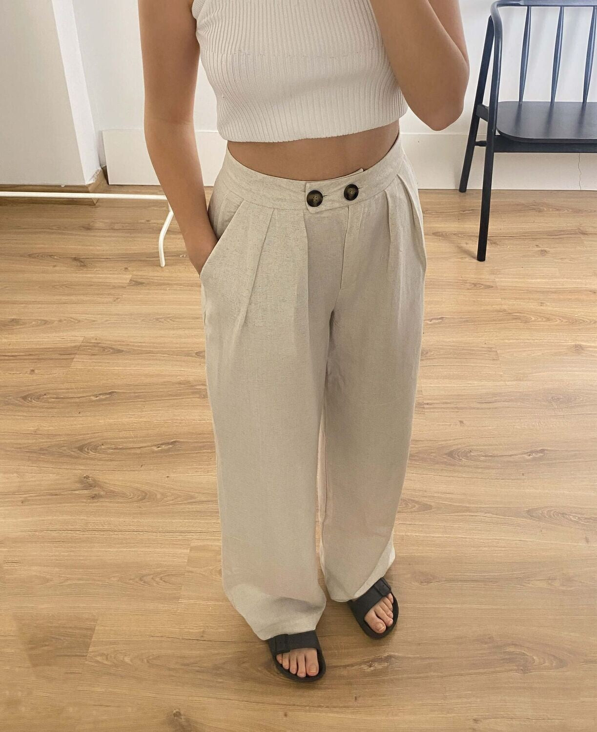 Light Bej Linen Pants Çift Düğme