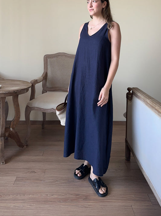 Keten Maxi Elbise LACİVERT